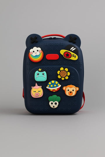 Navy kids silicone backpack with red handle and bear-ear corners, featuring animal patch icons
