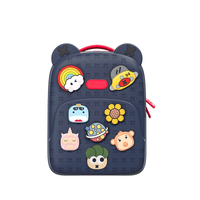 Navy kids silicone backpack with embossed pattern, red zipper, and animal patch front