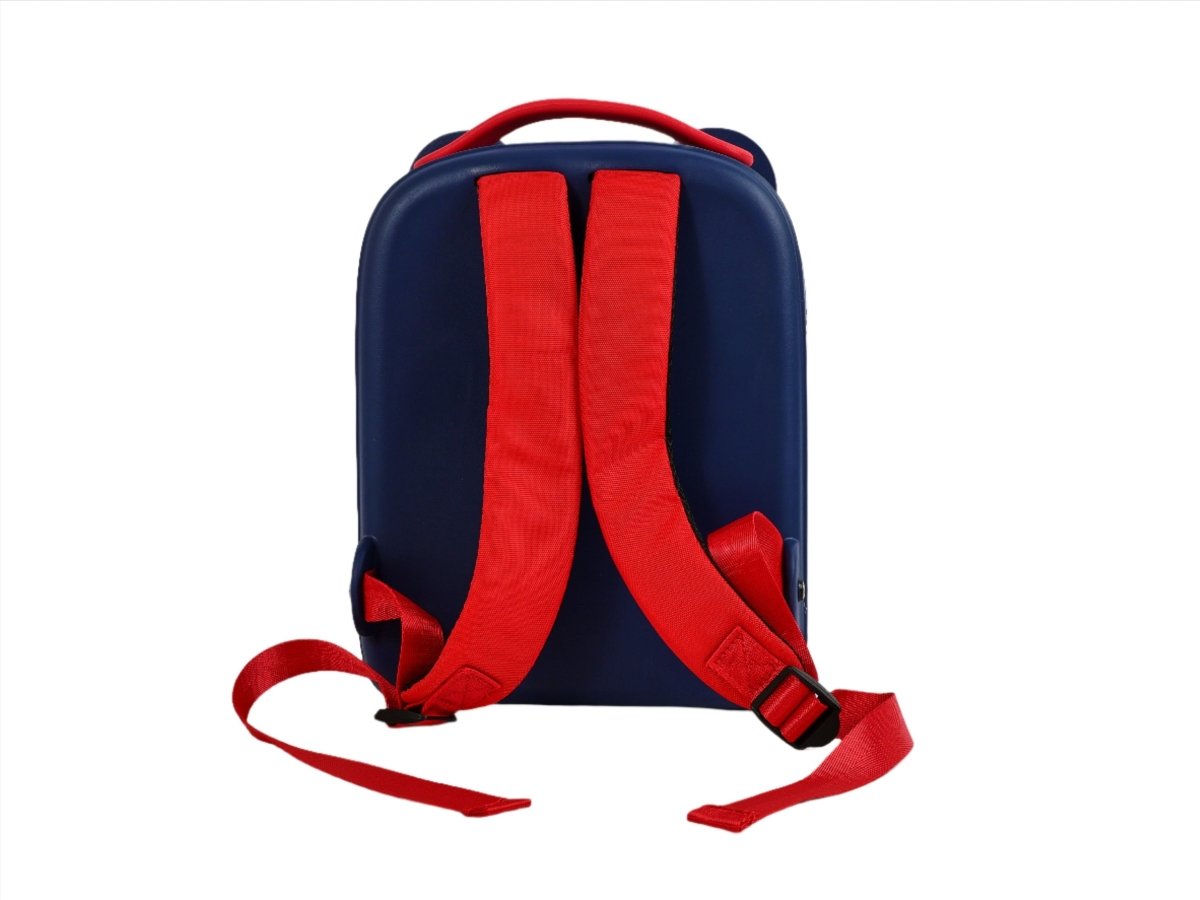 Navy kids silicone backpack back view with red padded shoulder straps and hanging tab