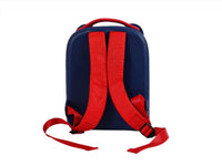Navy kids silicone backpack back view with red padded shoulder straps and hanging tab