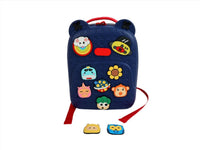 Navy kids silicone backpack with red straps, bear-ear design, and two character charms
