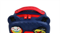 Navy kids silicone backpack top close-up with bear-ear handles and red trim zipper