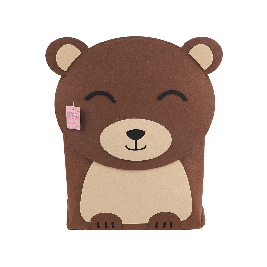 Brown felt bear-shaped laundry bag with cartoon face, round ears, and front pouch