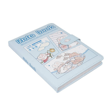 Light blue PU magnetic buckle notebook with cartoon patch cover, front view