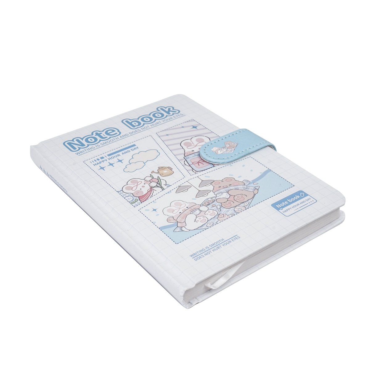 Small fantasy cover notebook with light blue magnetic buckle, ruled pages visible