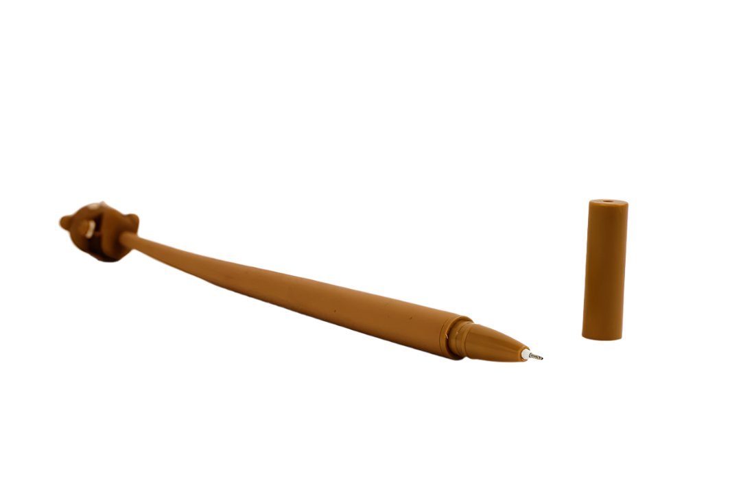 Bear novelty pen on its side with brown cap and bear face topper
