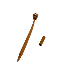 Brown bear novelty pen with cap off, showing writing tip and bear topper