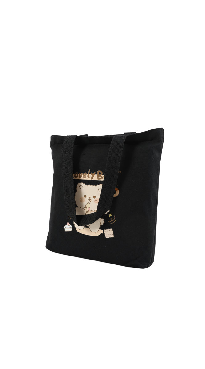 Cute Bear Print Canvas Women's Shoulder Bag - Black Tote - MIDI