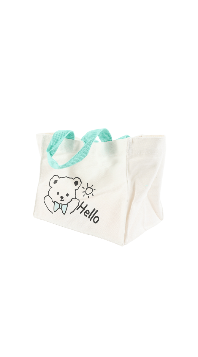Off-white tote bag with bear 'Hello' illustration, teal shoulder handles