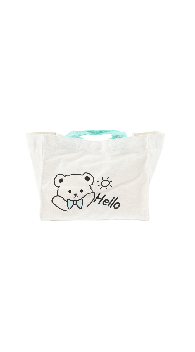 Cream canvas tote bag with bear graphic and 'Hello' text, teal handles