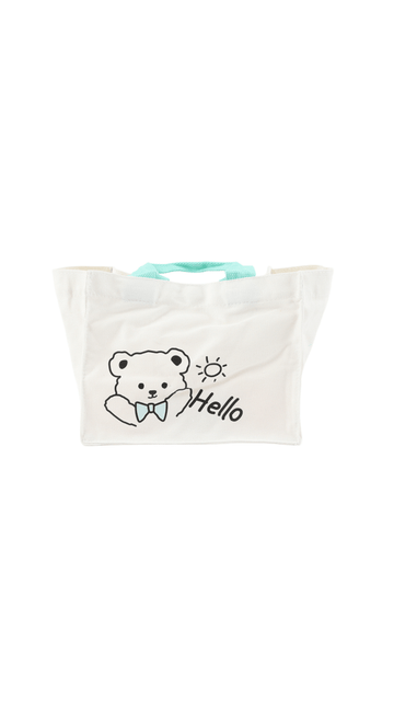 Cream canvas tote bag with bear graphic and 'Hello' text, teal handles