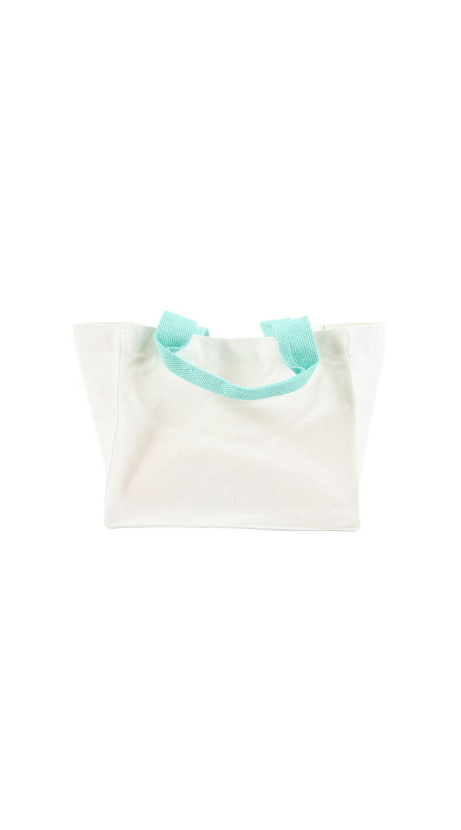 Off-white tote bag with teal handles and no visible front print
