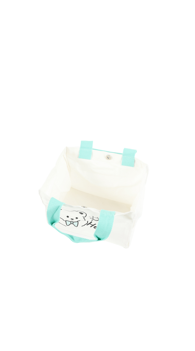 Off-white tote bag open view with bear 'Hello' print and teal handles