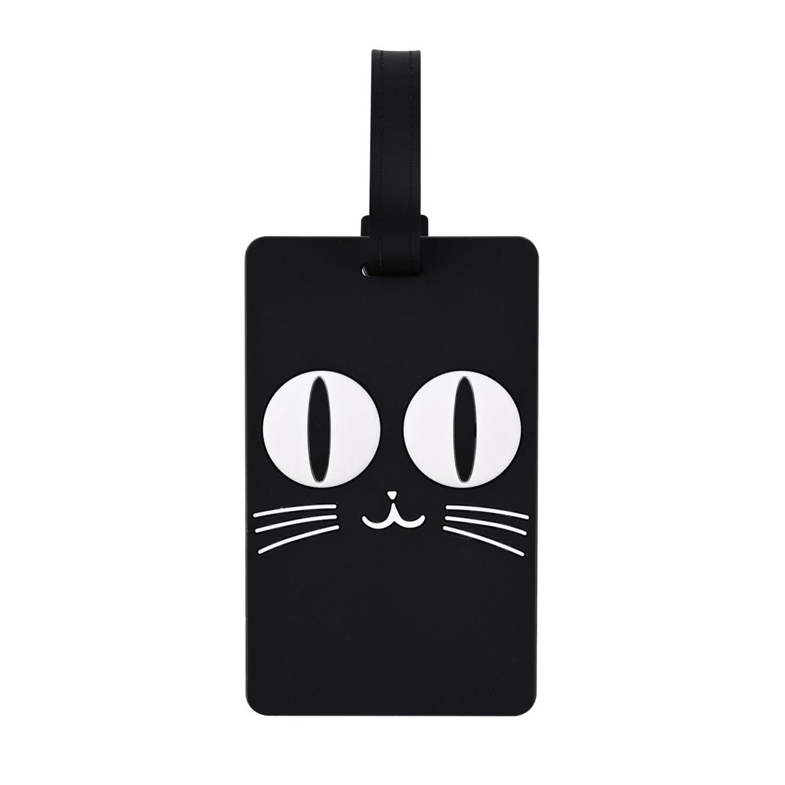 Black luggage tag with cartoon cat face and black hanging strap