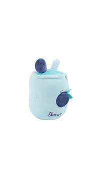 Light-blue plush blueberry toy side view with dark berry patch, green leaf, top tuft
