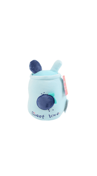 Light-blue plush blueberry toy side view with dark berry cap, green leaf, 'Sweet love'
