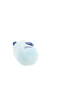 Light-blue blueberry plush toy close-up with dark berry cap and 'Sweet' embroidery