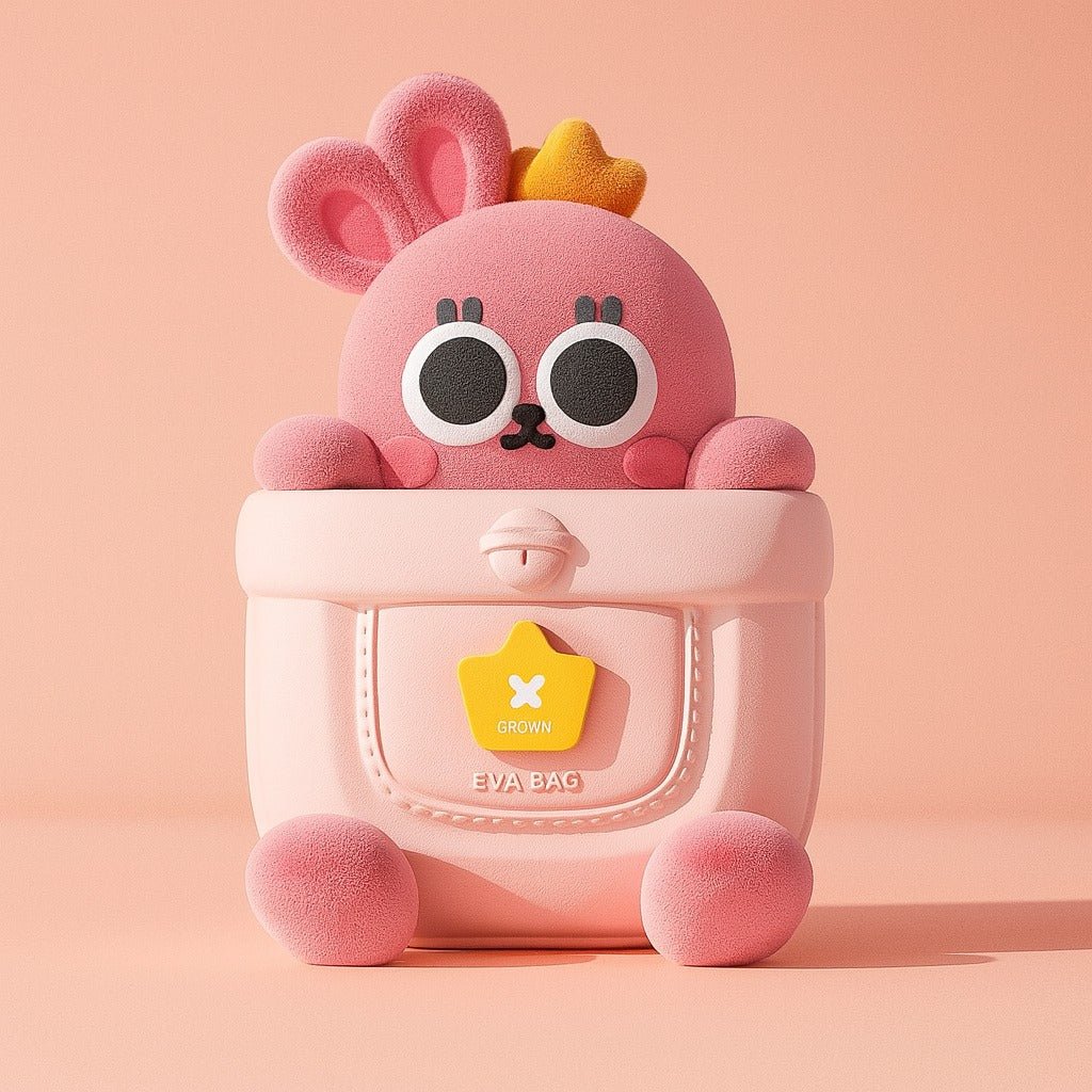 Pink plush bunny backpack with large ears, cute face, and front pocket