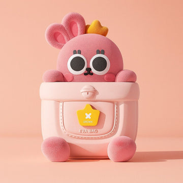 Pink plush bunny backpack with large ears, cute face, and front pocket