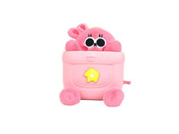 Pink plush bunny backpack with big eyes and yellow badge on front pocket