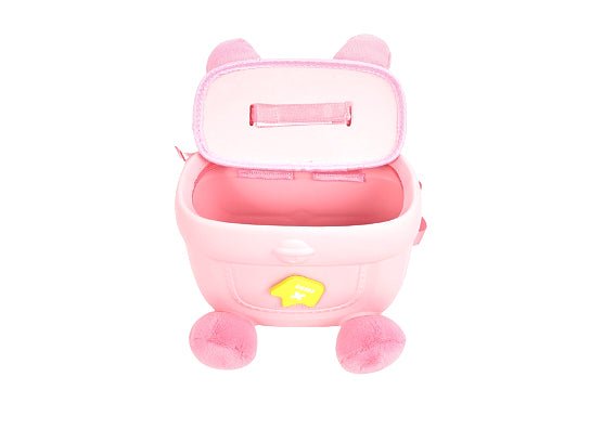 Pink plush bunny backpack with open top and front pocket with zipper pull