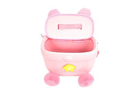 Pink plush bunny backpack with open top and front pocket with zipper pull