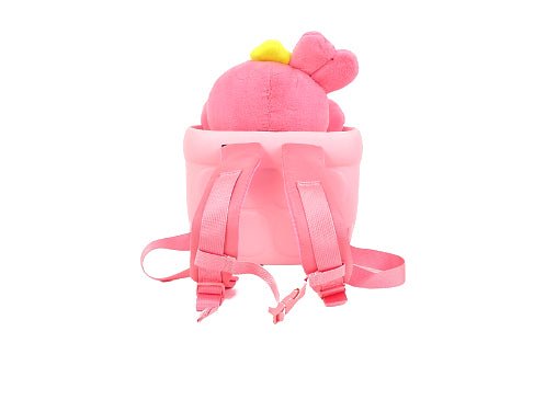 Pink plush bunny backpack with adjustable shoulder straps and back view
