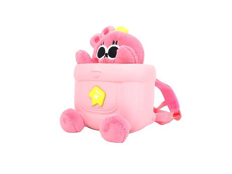 Pink plush bunny backpack side view with yellow badge and padded front