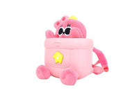 Pink plush bunny backpack side view with yellow badge and padded front