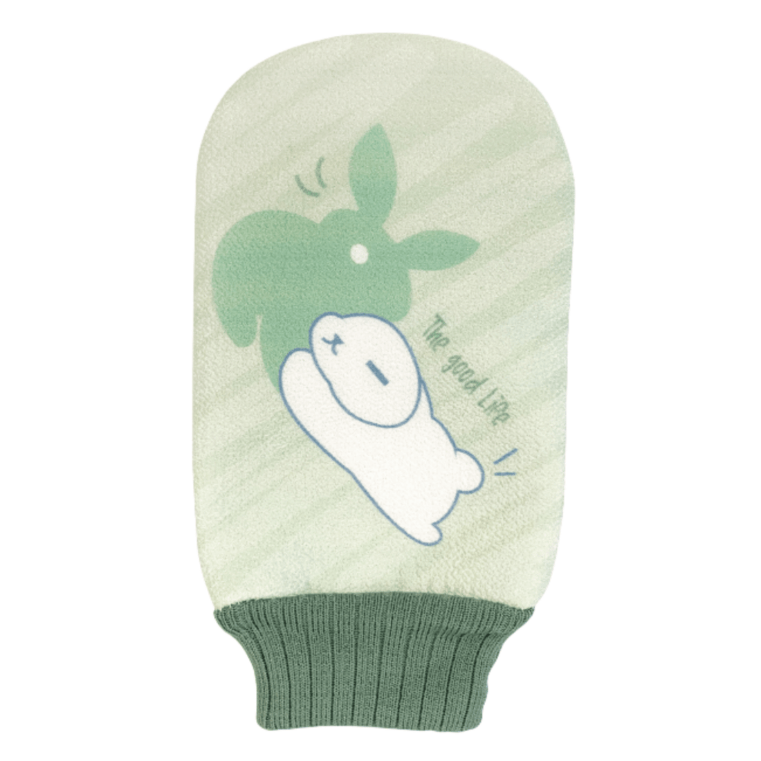 Cleansing glove with bunny and bear face design, ribbed cuff, light green and blue