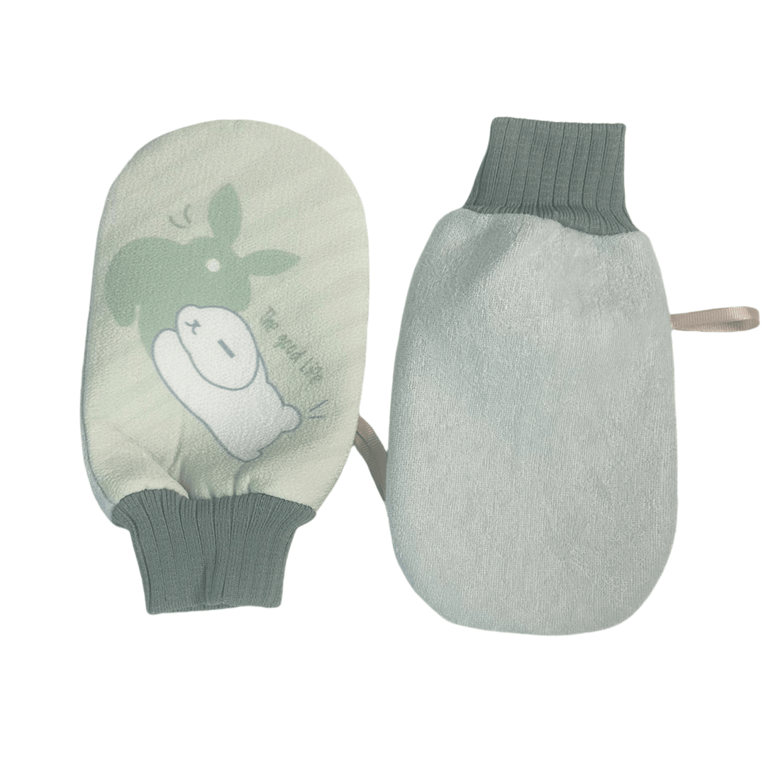 Cleansing glove pair with bunny face left and plain light gray mitten right