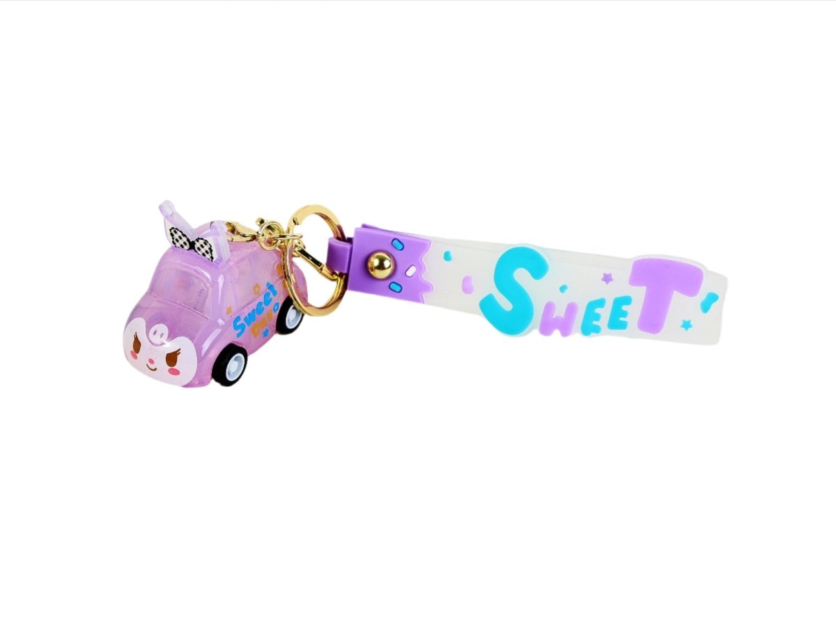Purple and light blue keychain with gold ring and toy car charm with “Sweet” text