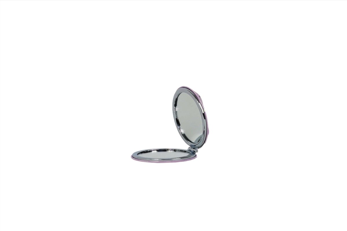 Compact mirror with open lid and round reflective insert, silver frame.