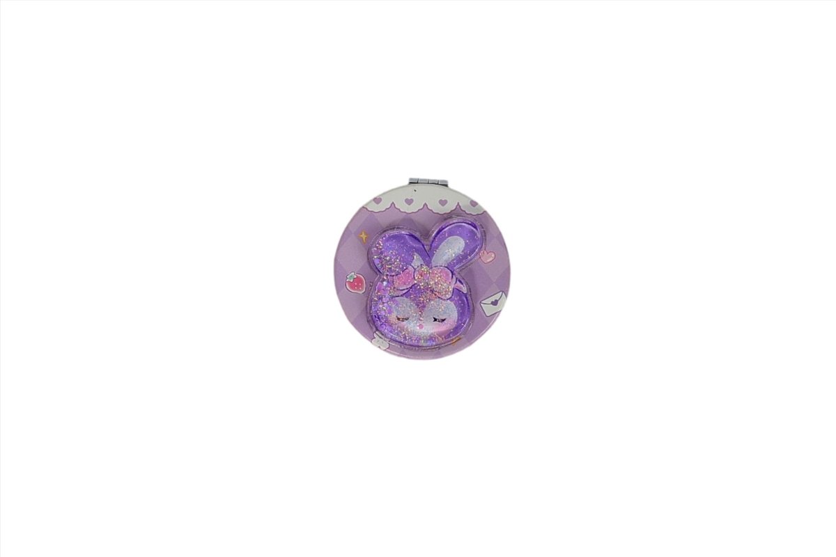 Round compact mirror with purple bunny graphic on closed lid, silver rim.