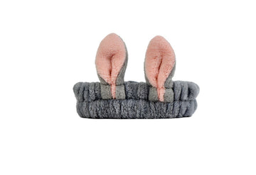 Gray plush rabbit-knot hair band with pink bunny ears