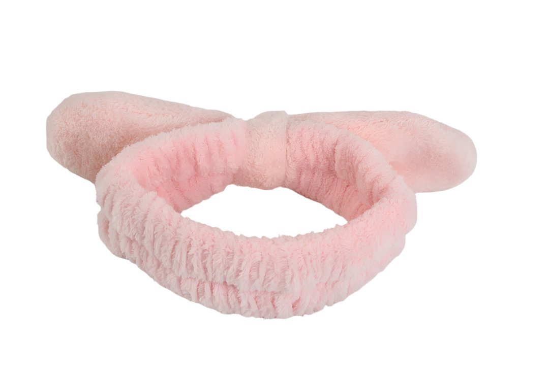 Light pink plush rabbit-knot hair band with ruched ear knot