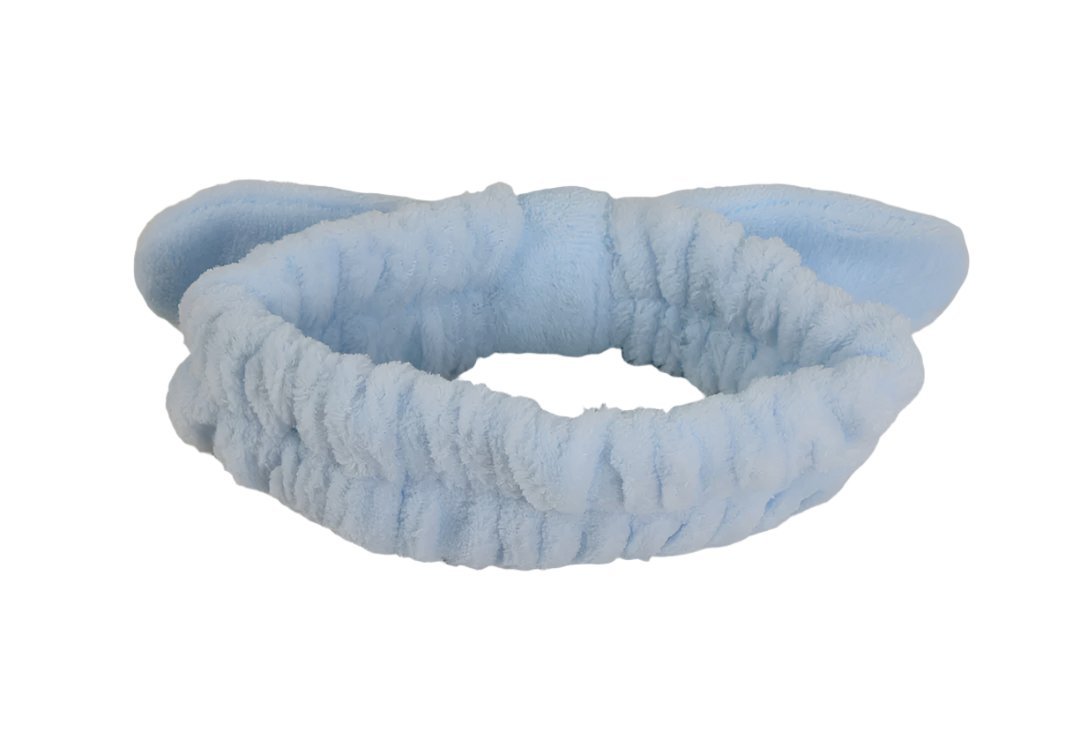 Light blue plush rabbit-knot hair band with ruched elastic loop
