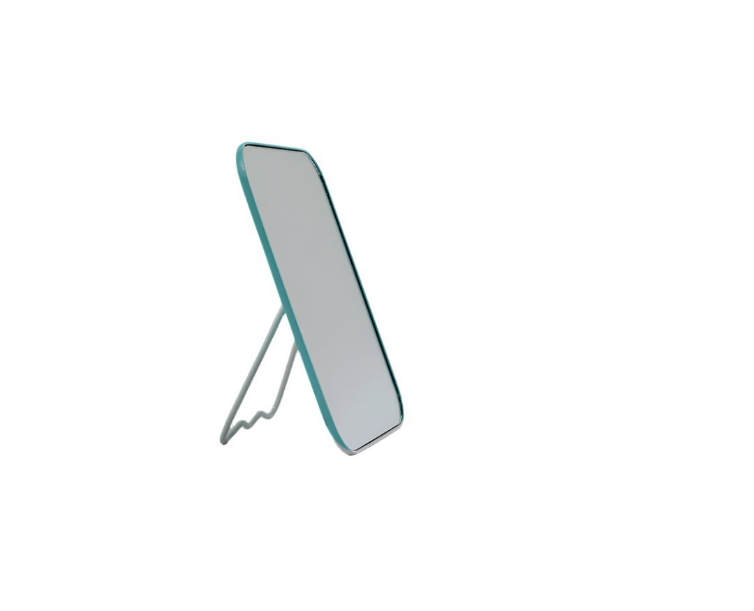 Standing bunny hand mirror, slim rectangular mirror with teal frame and feet