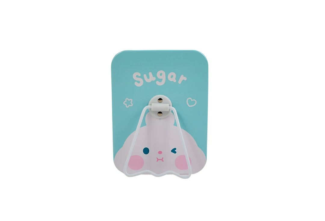 Bunny hand mirror with cute face design, white frame and teal handle