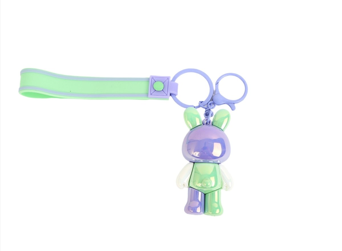 Bunny keychain with purple strap and purple rabbit charm, with two rings.