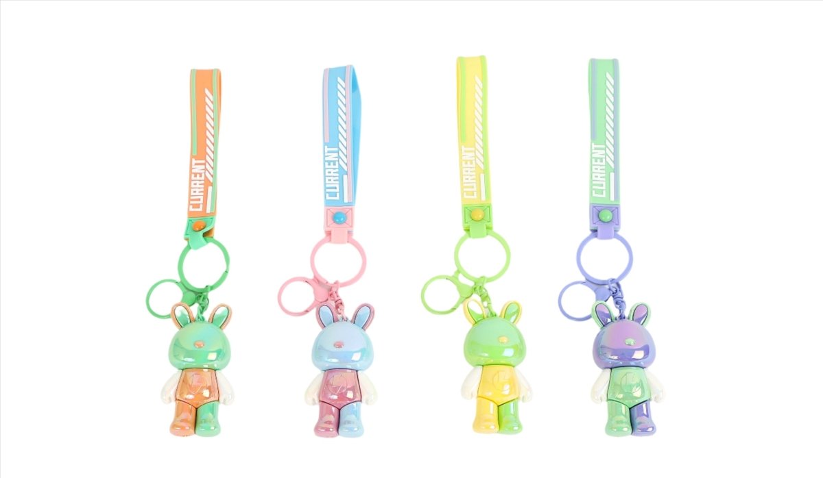 Assorted bunny keychains with colorful straps and rabbit charms, four styles shown.