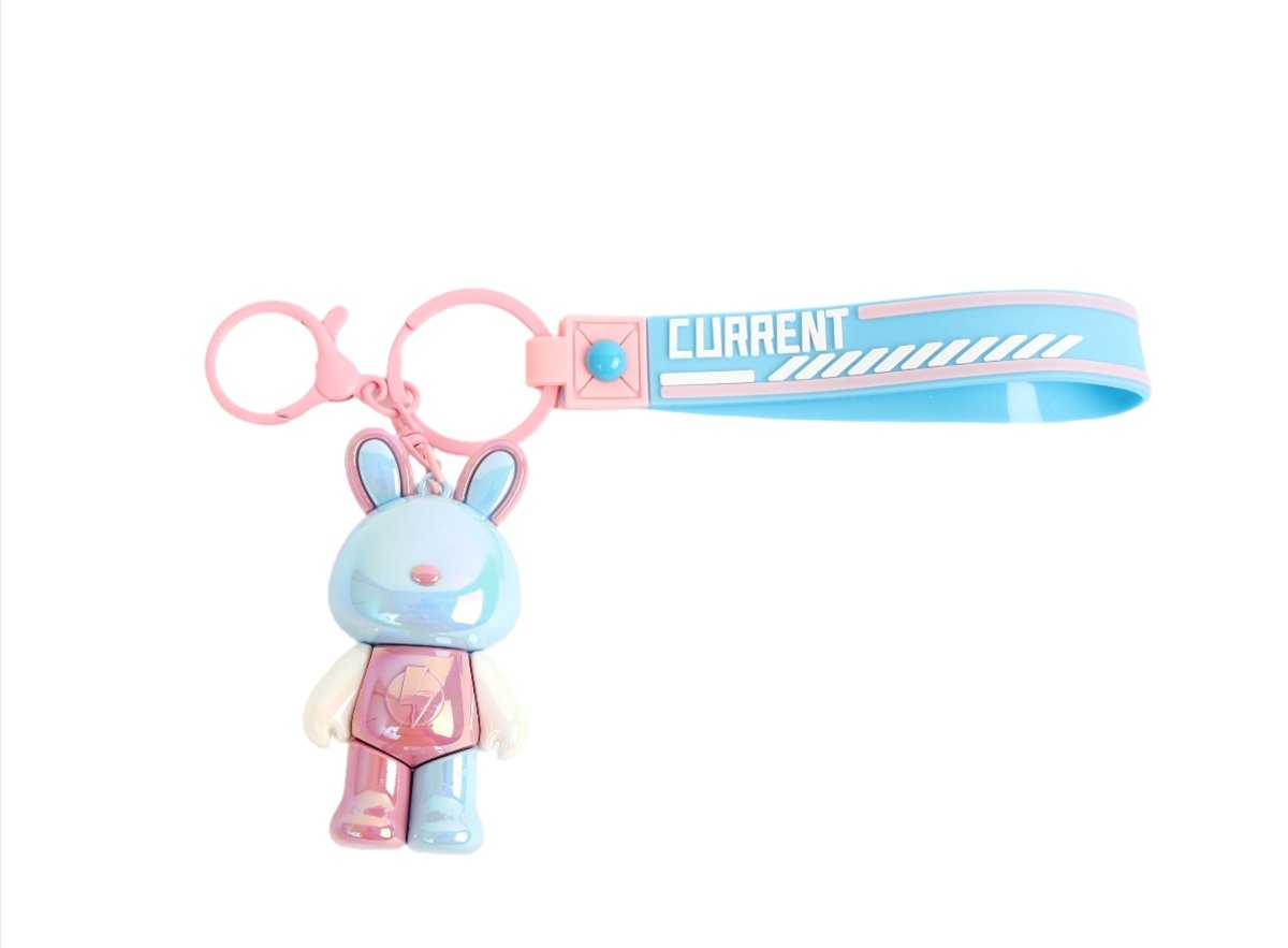 Bunny keychain with pink strap and blue rabbit charm, plus metal ring.