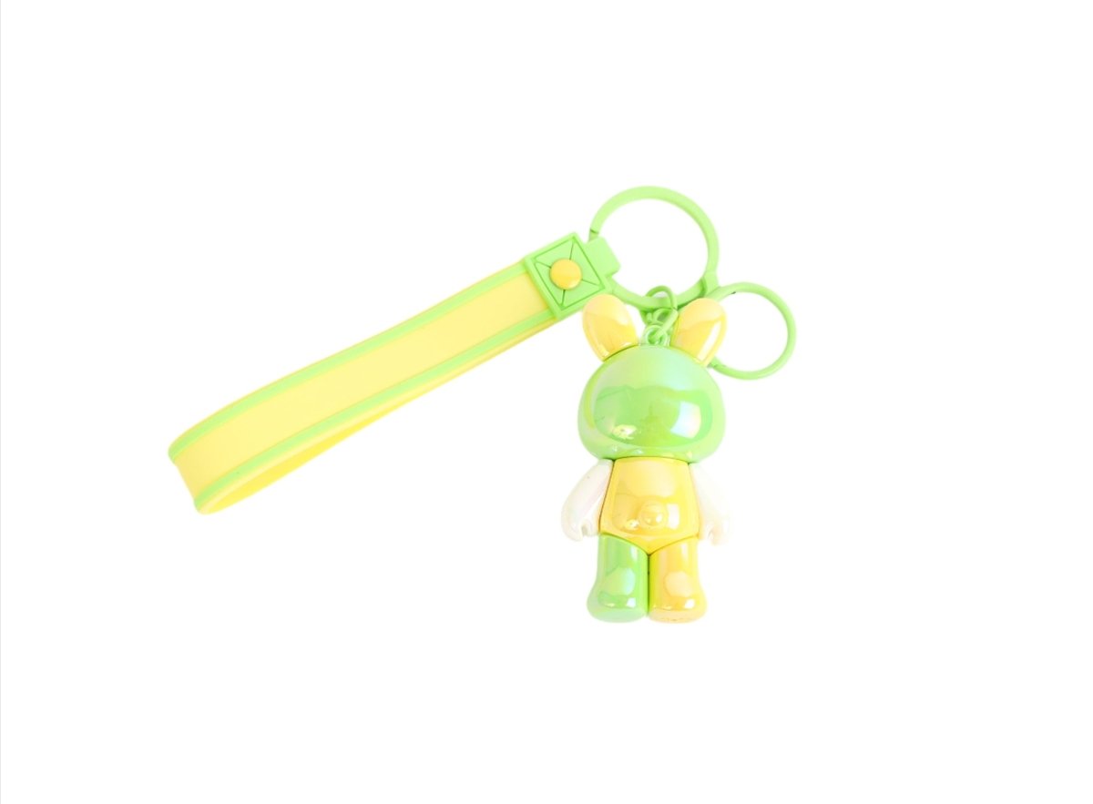 Bunny keychain with neon green strap and green rabbit charm, with key ring.