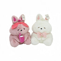 Pair of bunny plush toys: gray with pink bow and white with pink bow, tags on
