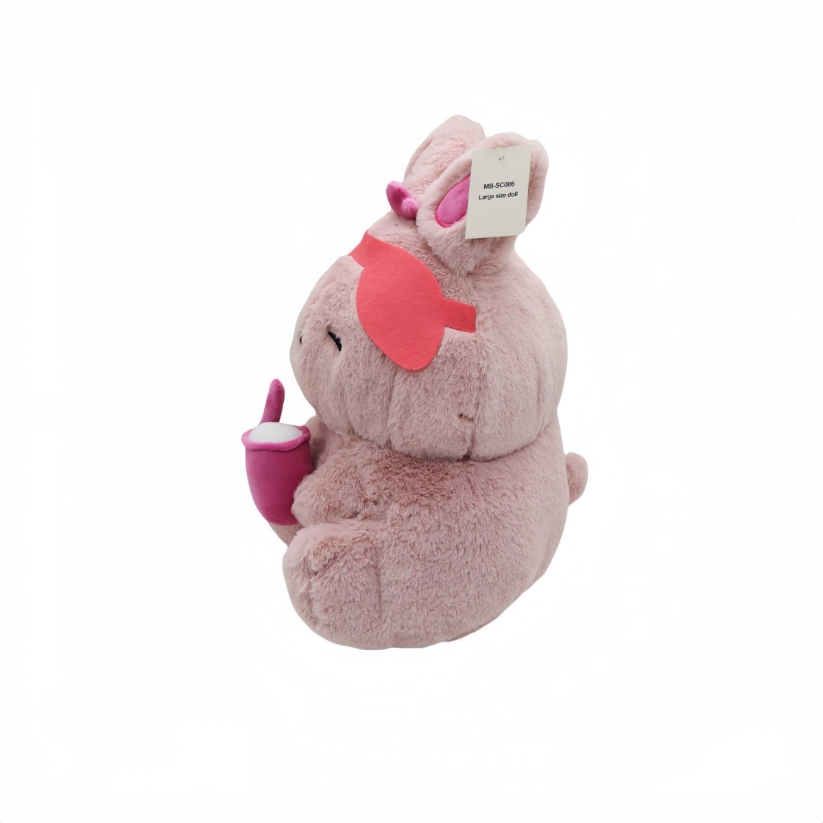 Gray bunny plush toy holding a pink cup, pink bow headband, front tag