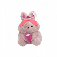 Gray bunny plush toy with pink bow and pink cup, facing forward, front tag