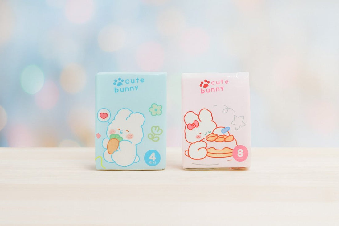 Cute bunny tissue set with blue pack (4) and pink pack (8), rabbit illustrations