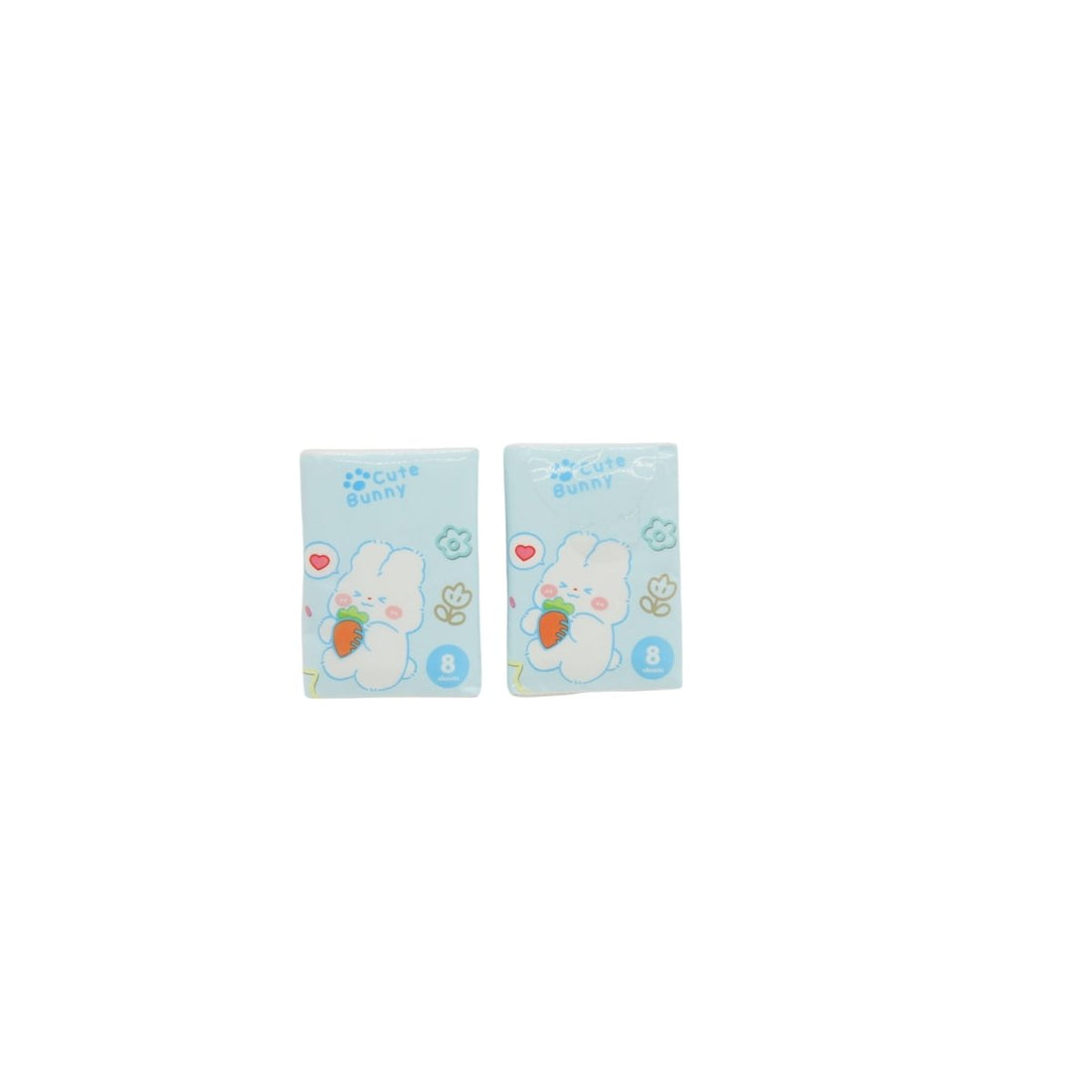 Cute bunny tissue pack set, two light blue boxes with rabbit design and '8'