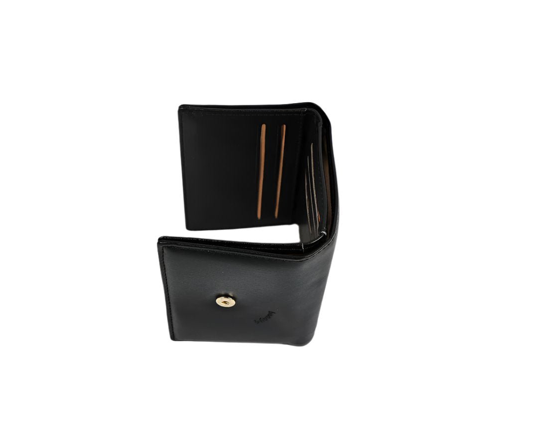 Compact bunny wallet in black, open view showing card slots and metal snap
