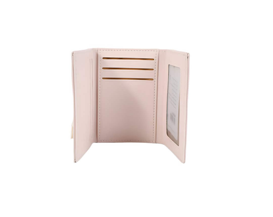 Compact bunny wallet in pale pink, open view showing card slots and side pocket